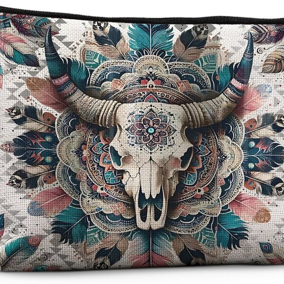 Boho Western Makeup Bag, Western Bull Skull Aztec Cosmetic Bag Toiletry Bag, Wes - Picture 1 of 5
